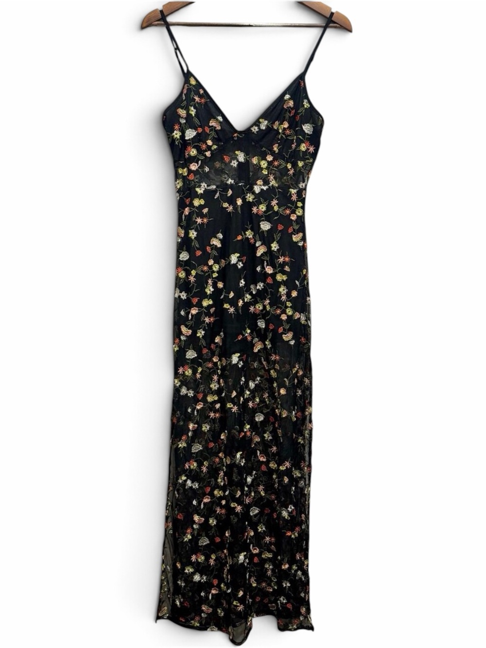 Embroidered Floral Sheer Mesh Maxi Dress Double Slit Small